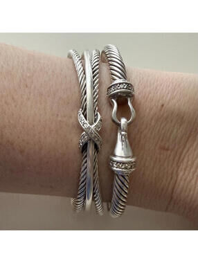 DAVID YURMAN BRACELET SET Cable Buckle 925/750 Gold + X Crossover Diamond Cuff